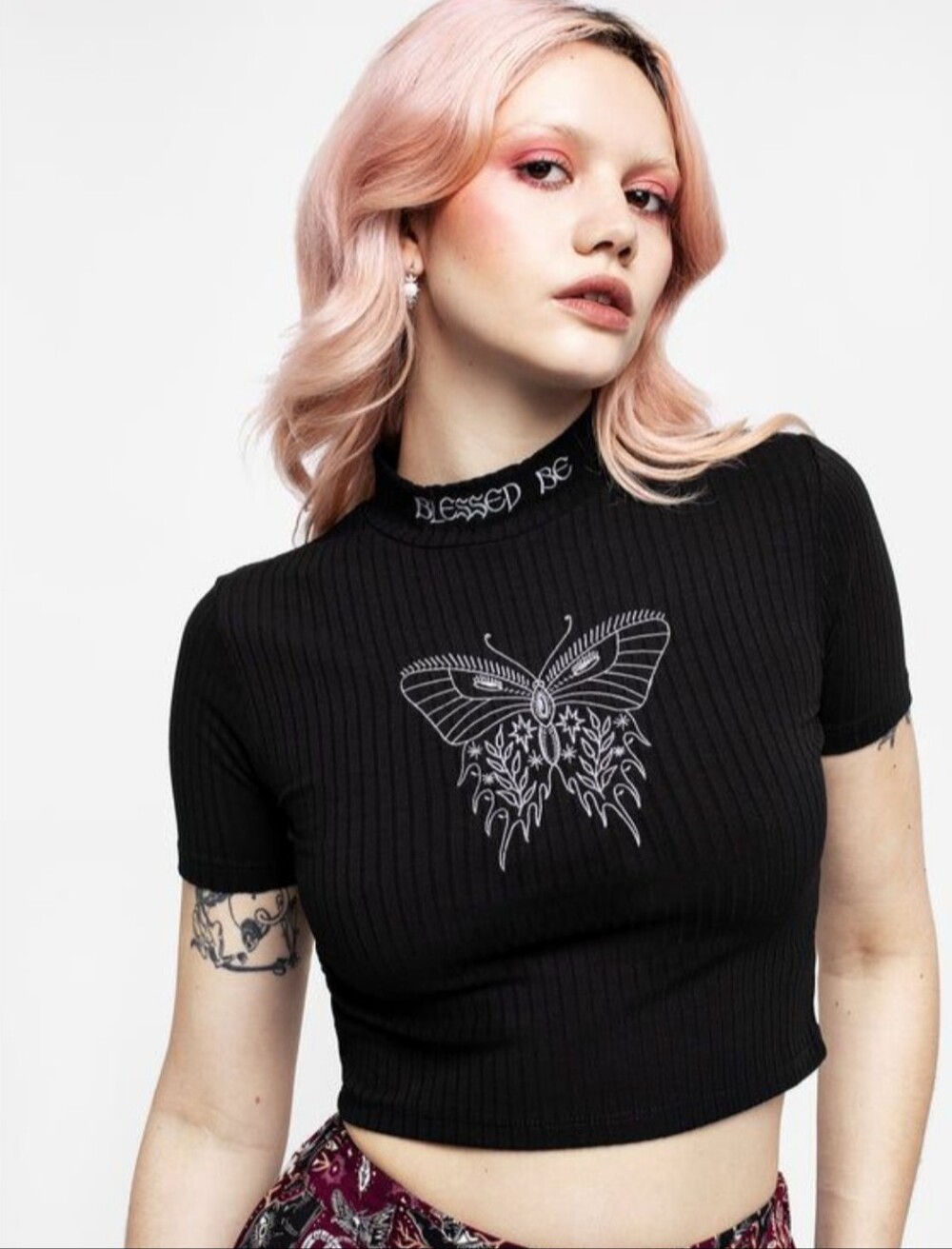 Black Ribbed Blessed Be Butterfly Graphic Crop Top - Women's